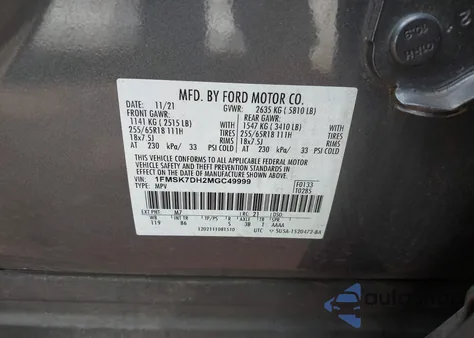 2021 Ford Explorer Xlt z USA, uszkodzony, nr VIN 1FMSK7DH2MGC49999